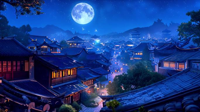 古风建筑山水月亮夜晚中国风宫殿河流云雾2