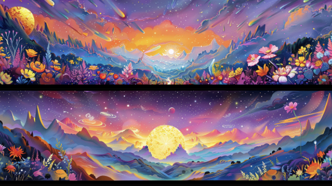 手绘插画山谷花田 宽屏