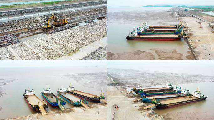 台州湾新区，提升后的海边堤坝，工程施工