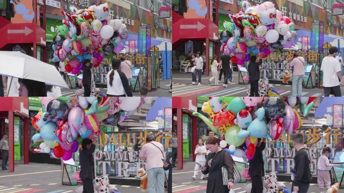 4k实拍一位老奶奶在卖很多氢气球