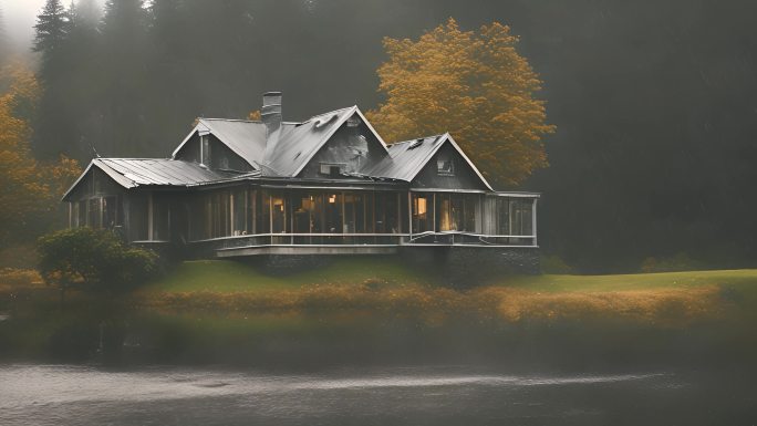 4k雨雾中的湖边小屋