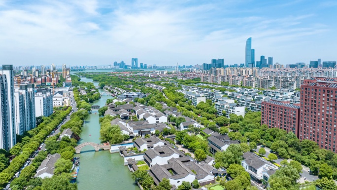 江南苏州斜塘老街蓝天白云城市风景航拍延时