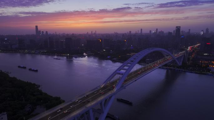 上海浦东黄浦江卢浦大桥夕阳火烧云4K航拍