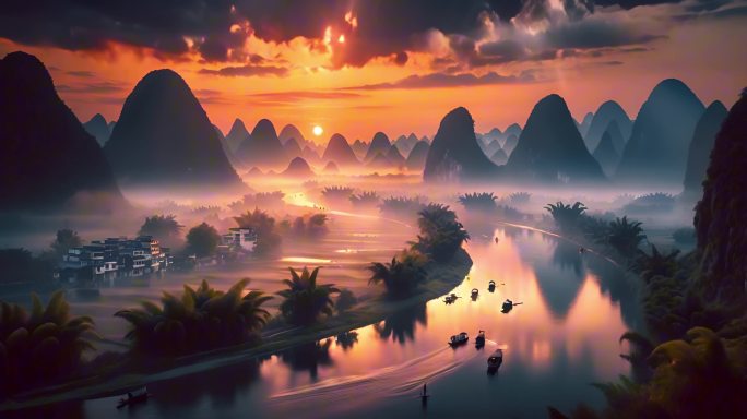 桂林山水喀斯特地貌漓江日落云层自然风光2