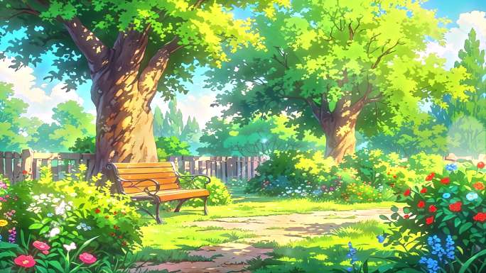 4K唯美梦幻卡通油画手绘公园花园木椅背景