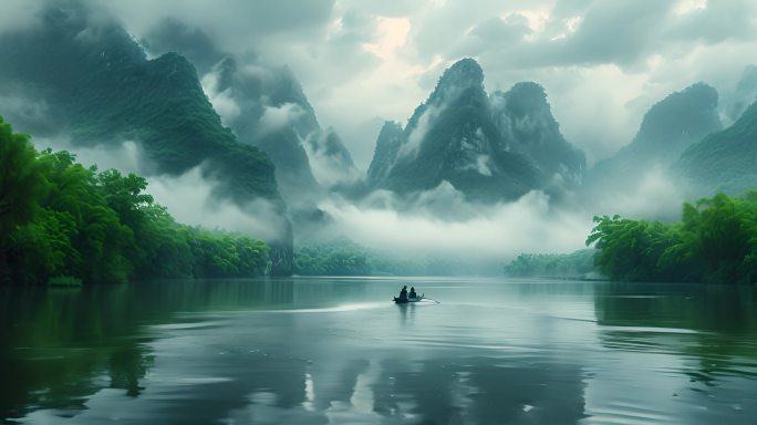 山水风景湖泊小船山脉云雾缭绕自然风光