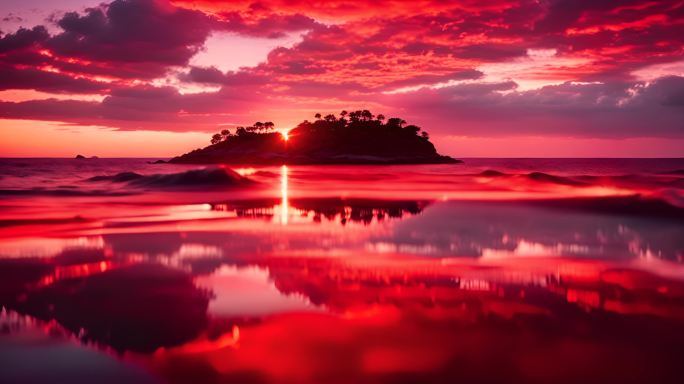 火红夕阳下平静的湖面小岛