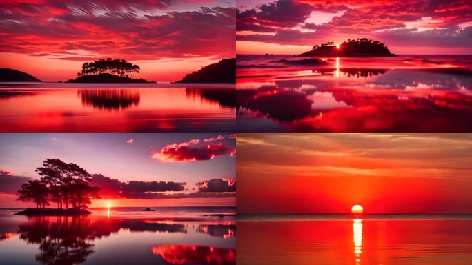 火红夕阳下平静的湖面小岛