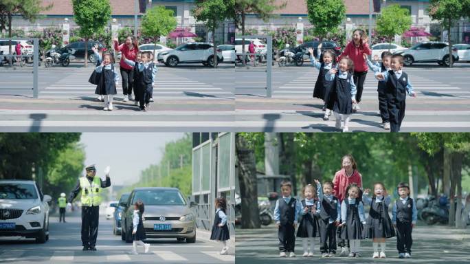 学生过马路交警指挥交通