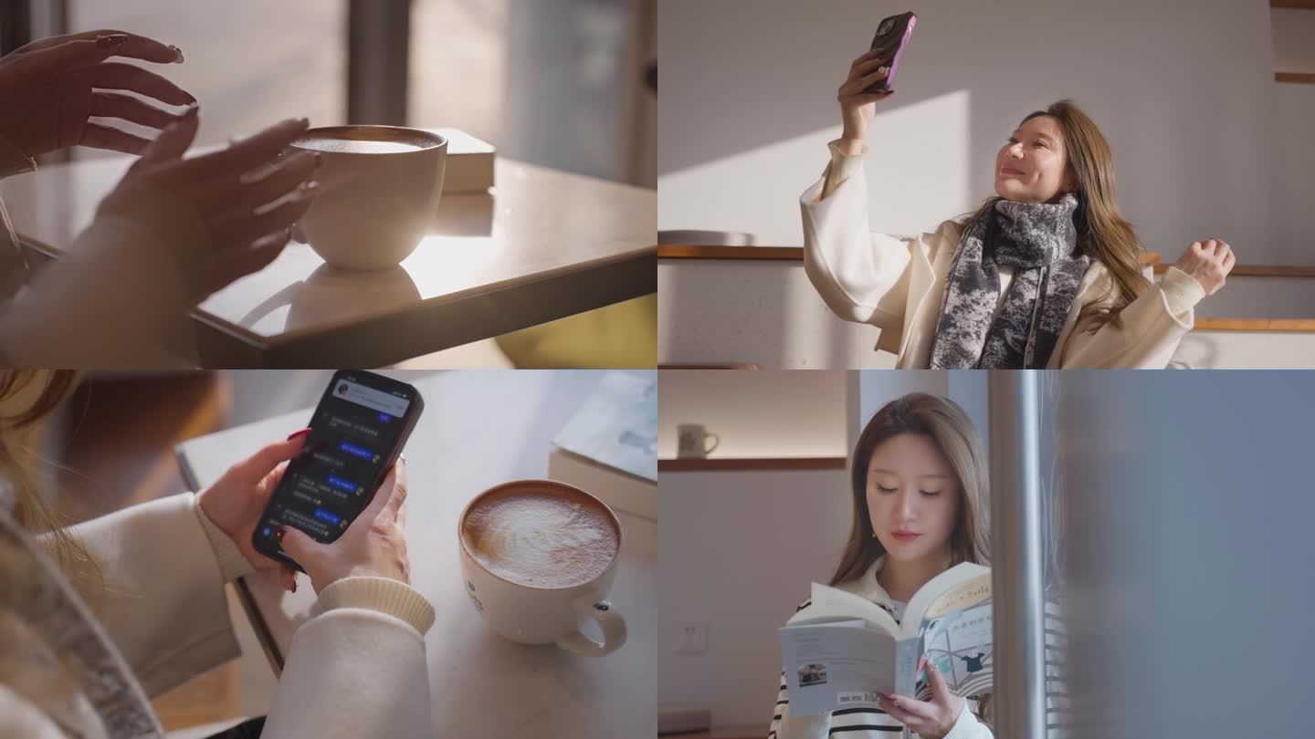 【合集】美女喝咖啡看书玩手机