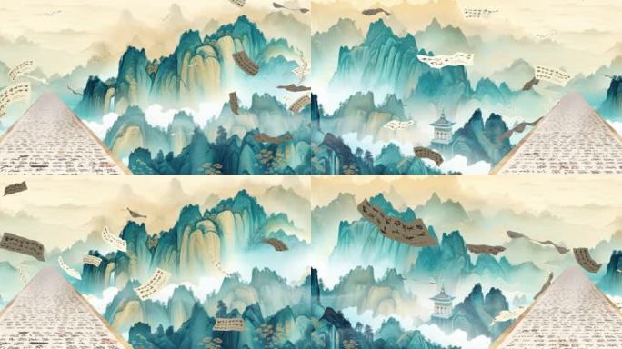 国风山水飞舞纸张卷轴千里江山山水文化画卷