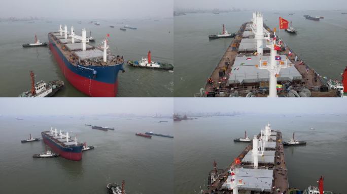 6万吨级大型散货船新船下水 驾驶楼待建