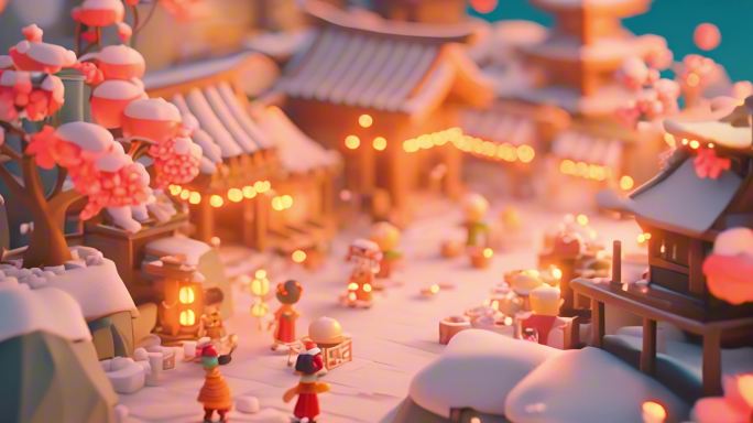 雪景小镇传统建筑灯笼冬季节日氛围迷你人物
