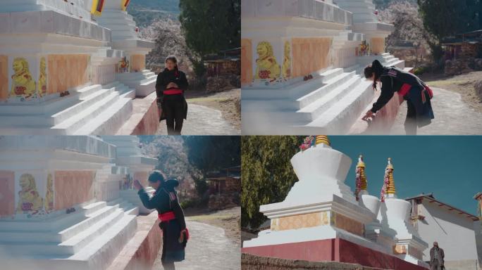春季云南尼西藏族村庄村民转白塔祈福