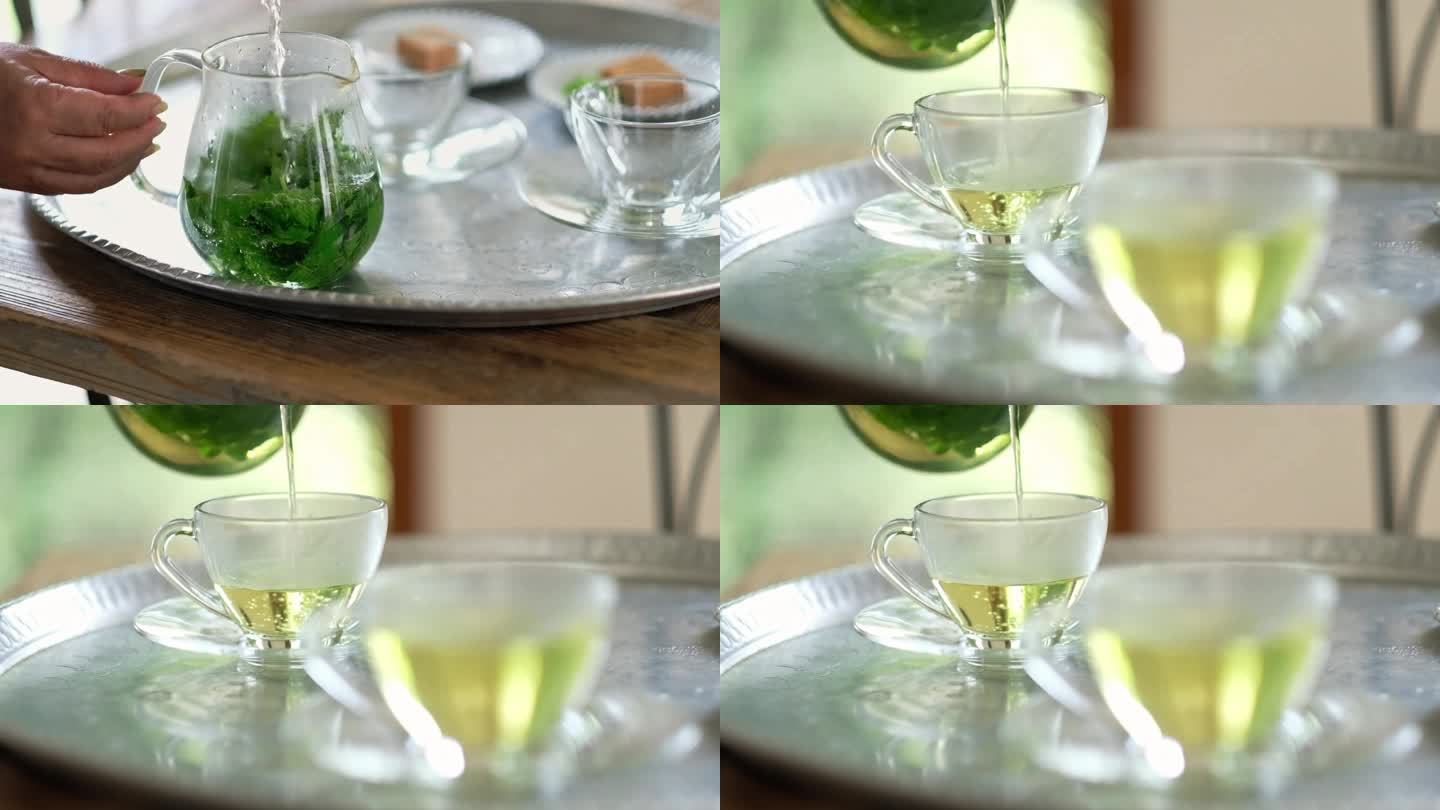 薄荷茶泡茶倒茶喝茶玻璃茶杯健康生活