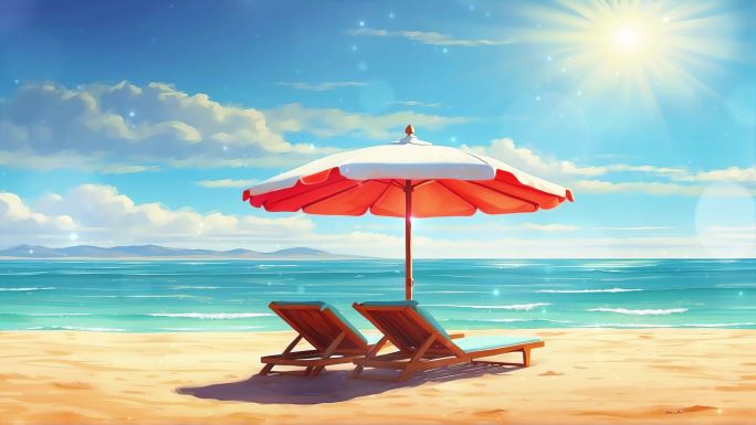 4K卡通油画手绘海边度假蓝天白云阳光背景
