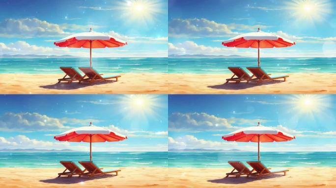 4K卡通油画手绘海边度假蓝天白云阳光背景