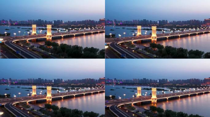 航拍临沂市临沂北京路沂河大桥夜景