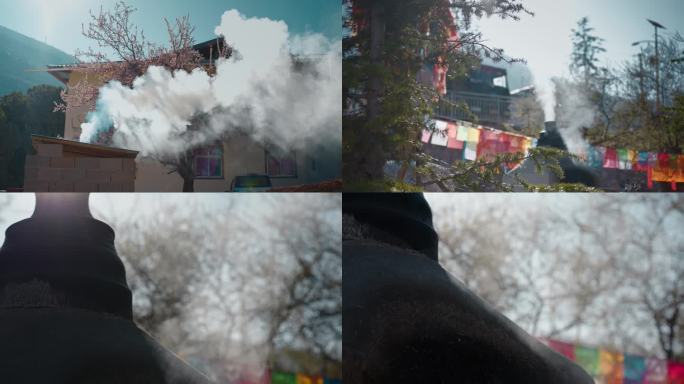 春季云南尼西藏族村庄煨桑焚香烟雾弥漫