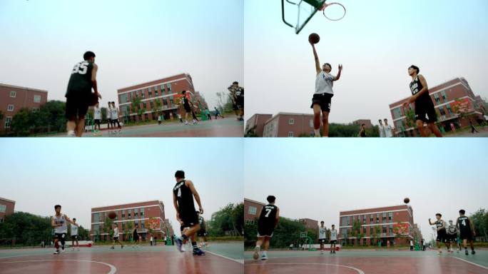 【4K】学生篮球场打篮球扣篮