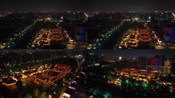 杭州拱墅区大运河河畔夜景航拍