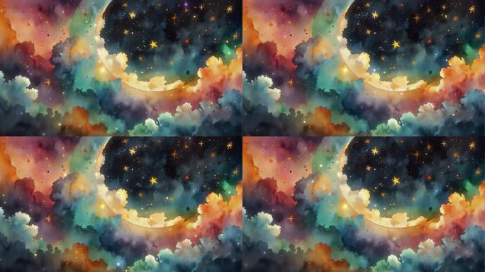 4K唯美梦幻卡通油画手绘星空星夜繁星背景