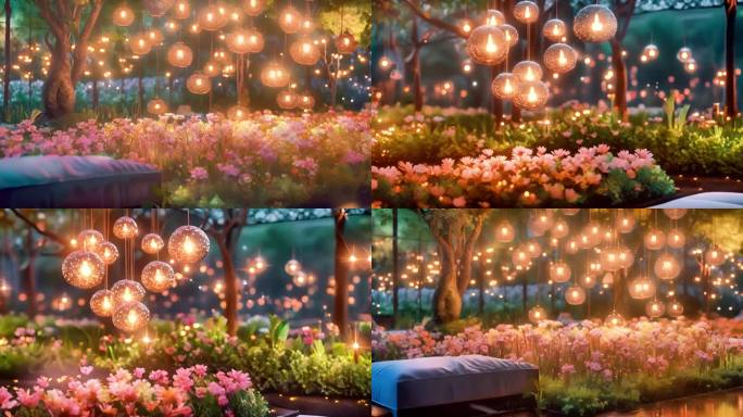 花园悬挂灯饰花朵盛开户外装饰景观照明花坛