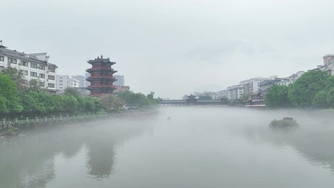 广西蒙山县城湄江河早晨平流雾美景4K视频