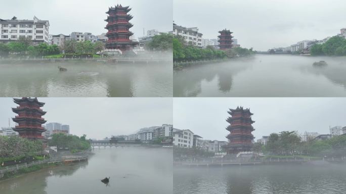 广西蒙山县城湄江河早晨平流雾美景4K视频