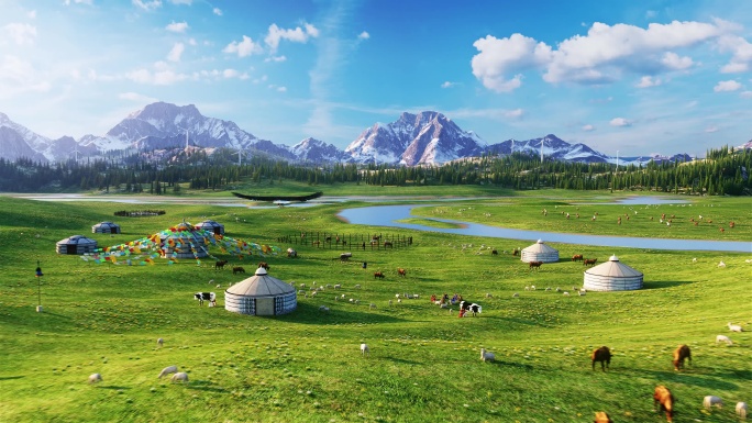 草原 美景 牛羊 雪山 三维 雄鹰