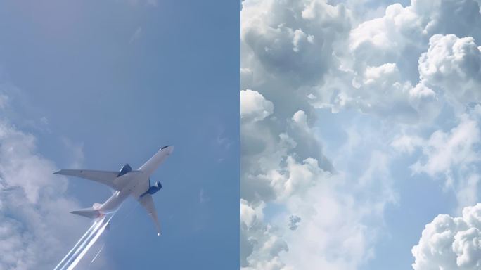 蓝天白云飞机飞过天空4K风景