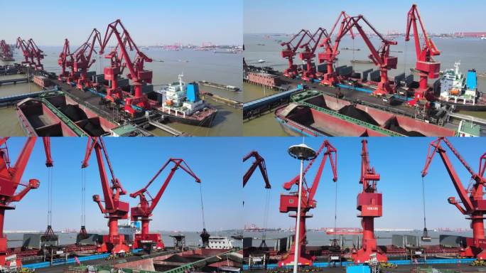 航拍长江码头红色吊机群装卸货作业