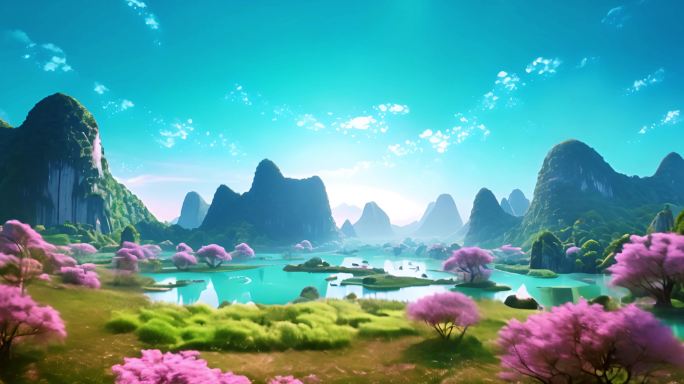 卡通景观樱花自然湖面喀斯特山艺术氛围场景