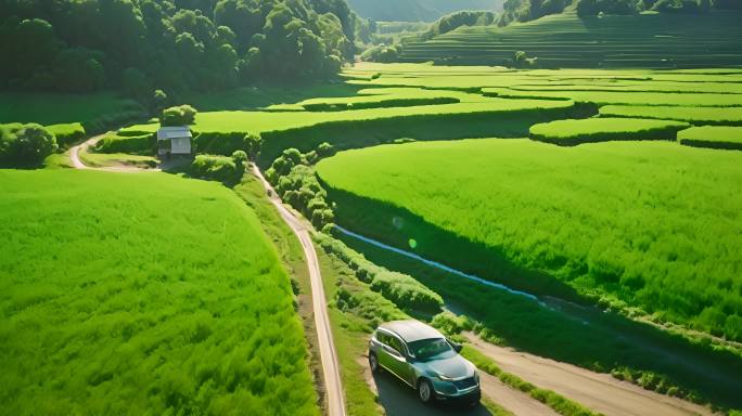 汽车行驶在郁郁葱葱的绿色稻田道路上