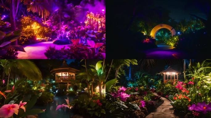夜幕中的热带花园：璀璨灯光秀
