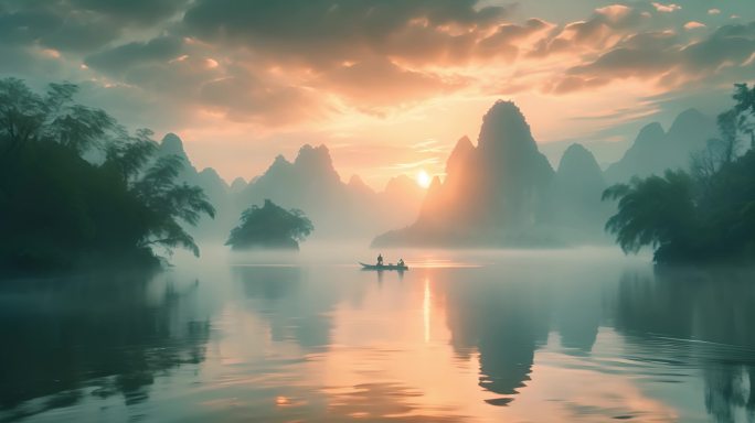 桂林山水山脉薄雾河流倒影喀斯特地貌风景2