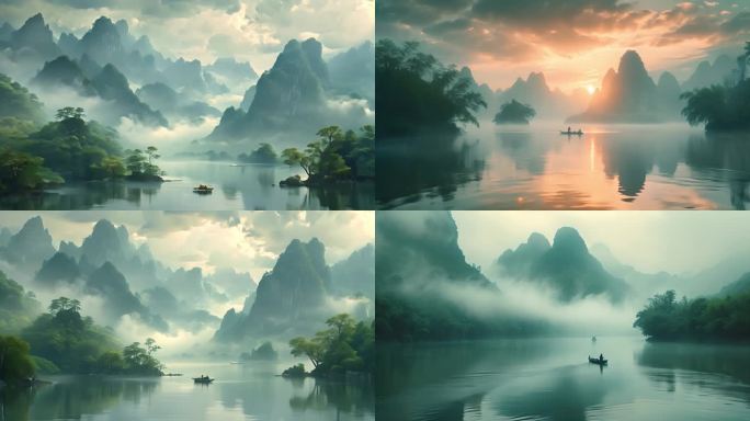 桂林山水山脉薄雾河流倒影喀斯特地貌风景2