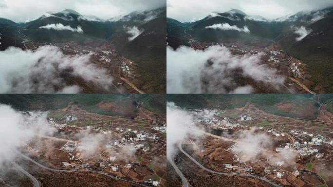 春季香格里拉尼西藏族村庄云海飘荡