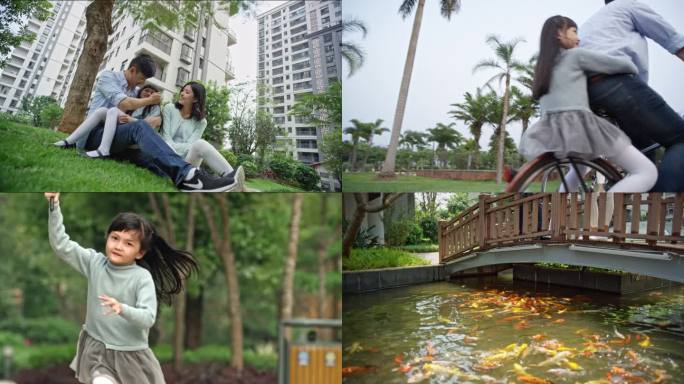幸福一家三口草地玩耍骑自行车放风筝