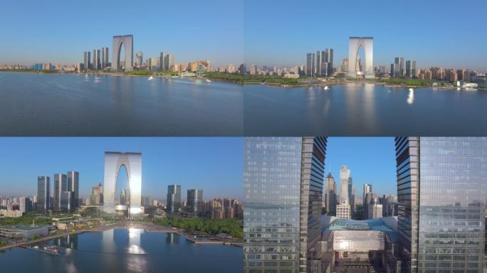 清晨苏州工业园区蓝天下金鸡湖城市风景航拍