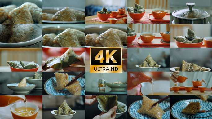 4k端午节吃粽子传统美食粽子特写端午素材