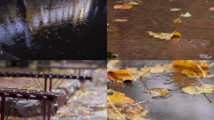 城市下雨天地面滴水 水滴落叶情绪低落空镜