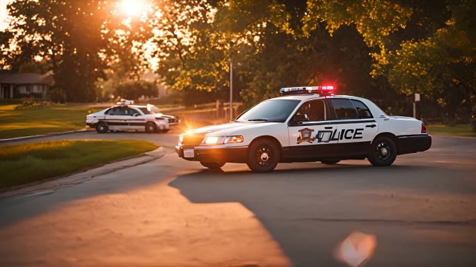 日落时分附近闪着警灯的警车