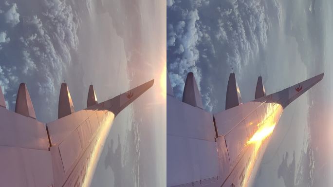 阳光掠过飞行的东方航空飞机机翼