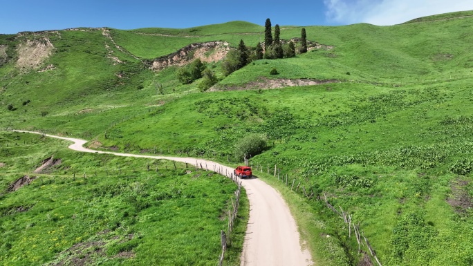 越野车行驶在新疆伊犁夏塔环线的泥土路上