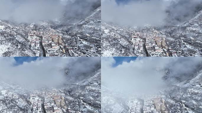 【4k】航拍雪山小镇穿云破雾
