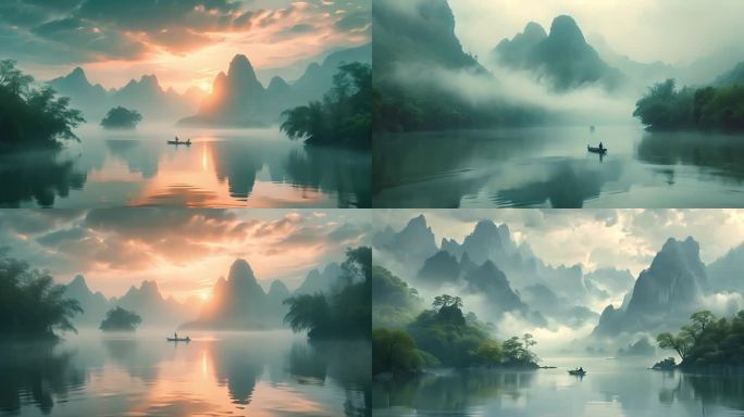桂林山水风景山脉河流船薄雾喀斯特景色剪影