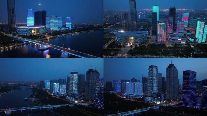天津滨海新区于家堡夜景航拍