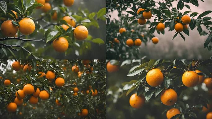 4K果园成熟金灿灿的橘子 雨天的橘子林