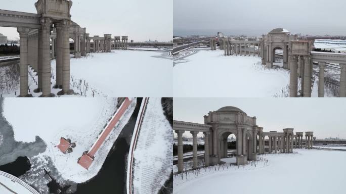 大雪过后的天津滨海新区学府园罗马柱航拍